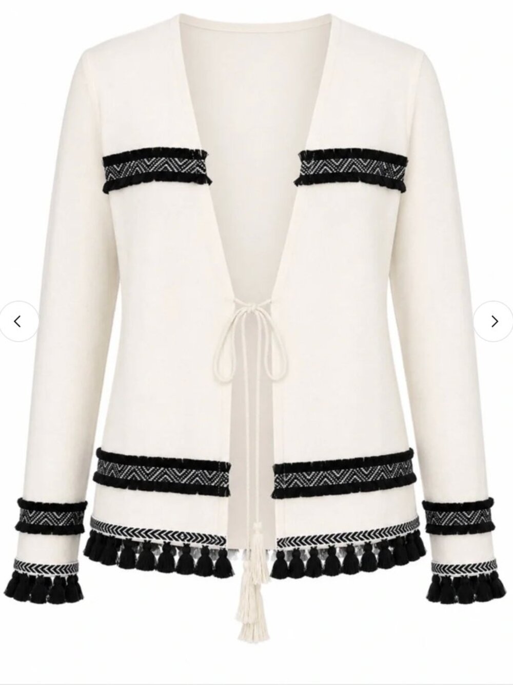 Emerson Lang Fringe Tie Front Jacket Large Boho Embroidered Cotton Cardigan Sz L